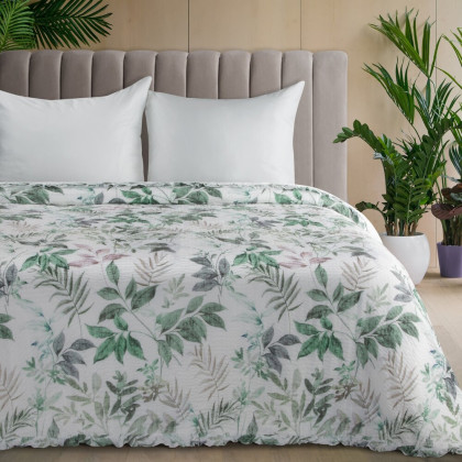 Bielo - zelený prehoz s rastlinnou potlačou a volánom - 170x210 cm